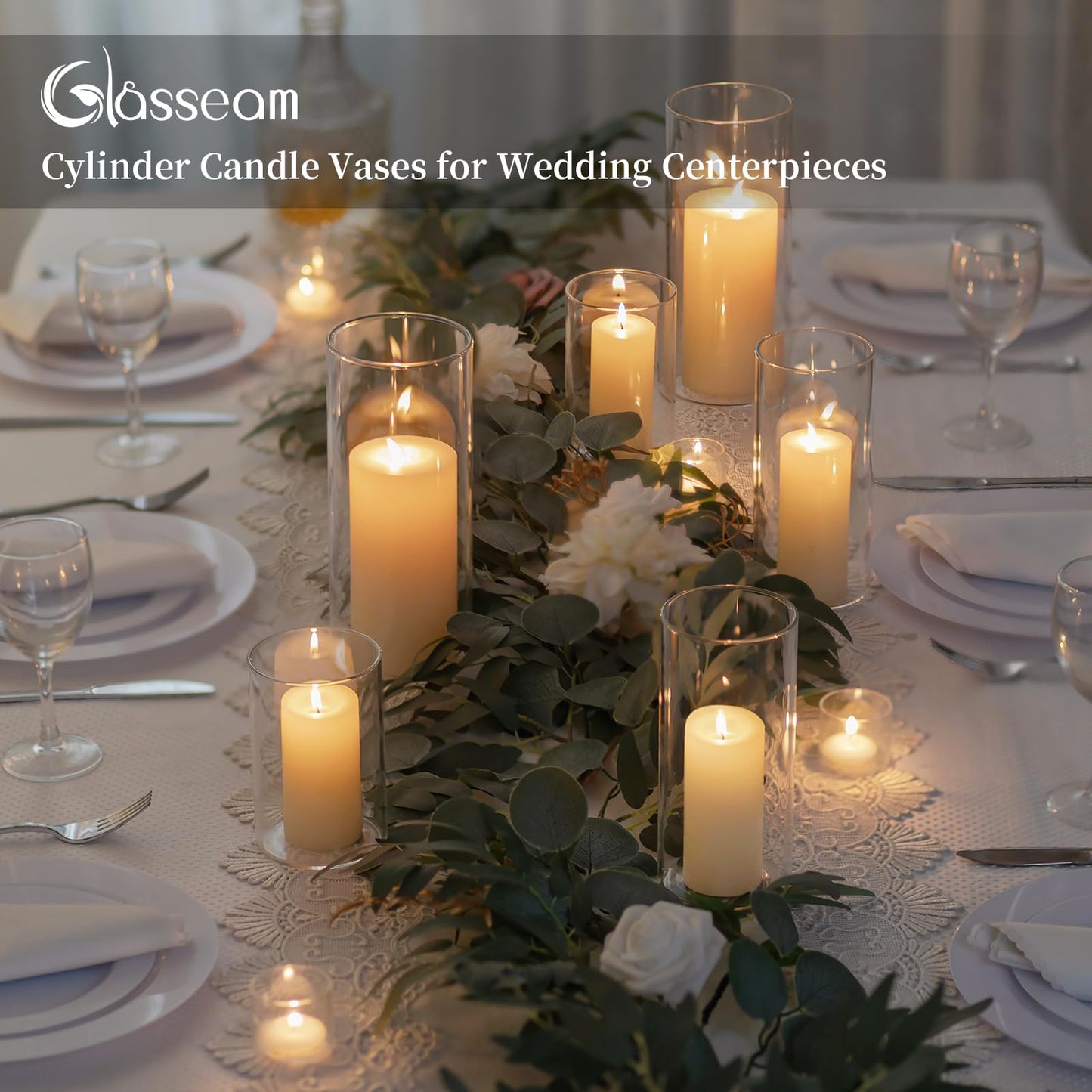 Glasseam Hurricane Glass Candle Holders: 3 Pcs Clear Cylinder Vases for Centerpieces Large Pillar Candle Holder for Floating Candles Modern Home Decor Wedding Table 5.3'' 7.3'' 9.5'' Height