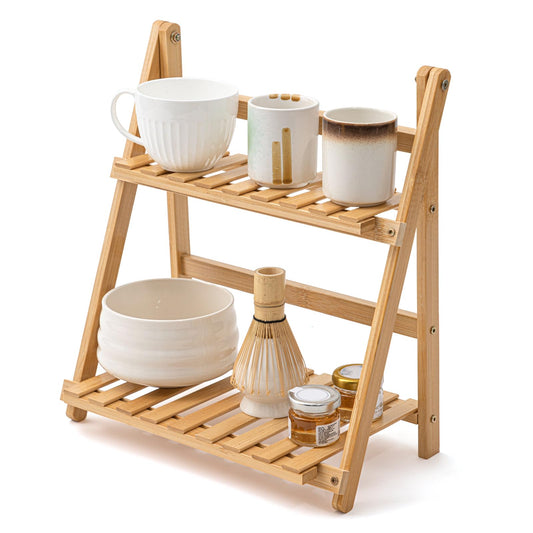 Yalikop Matcha Station Shelf, 11.8'' Coffee Station Organizer, 2 Tiers Bamboo Mug Holder Countertop, Desktop Flower Pot Rack for Home Living Room Window Sill Foldable Display Storage Shelf(Wood)