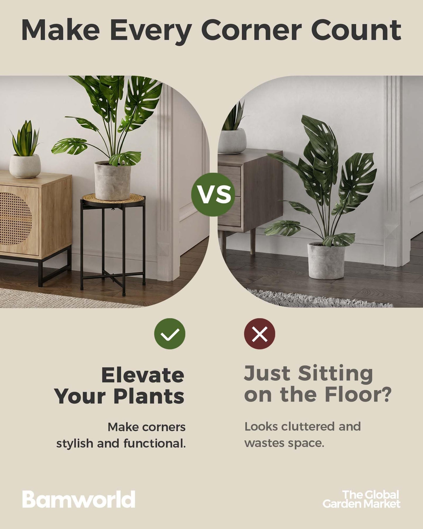Bamworld Indoor Plant Stand Tall Plant Table Corner Plant Stool Boho Small Plant Holder Single Flower Stand for Large Plants Decor Pot Stand for Living Room Bedroom Balcony