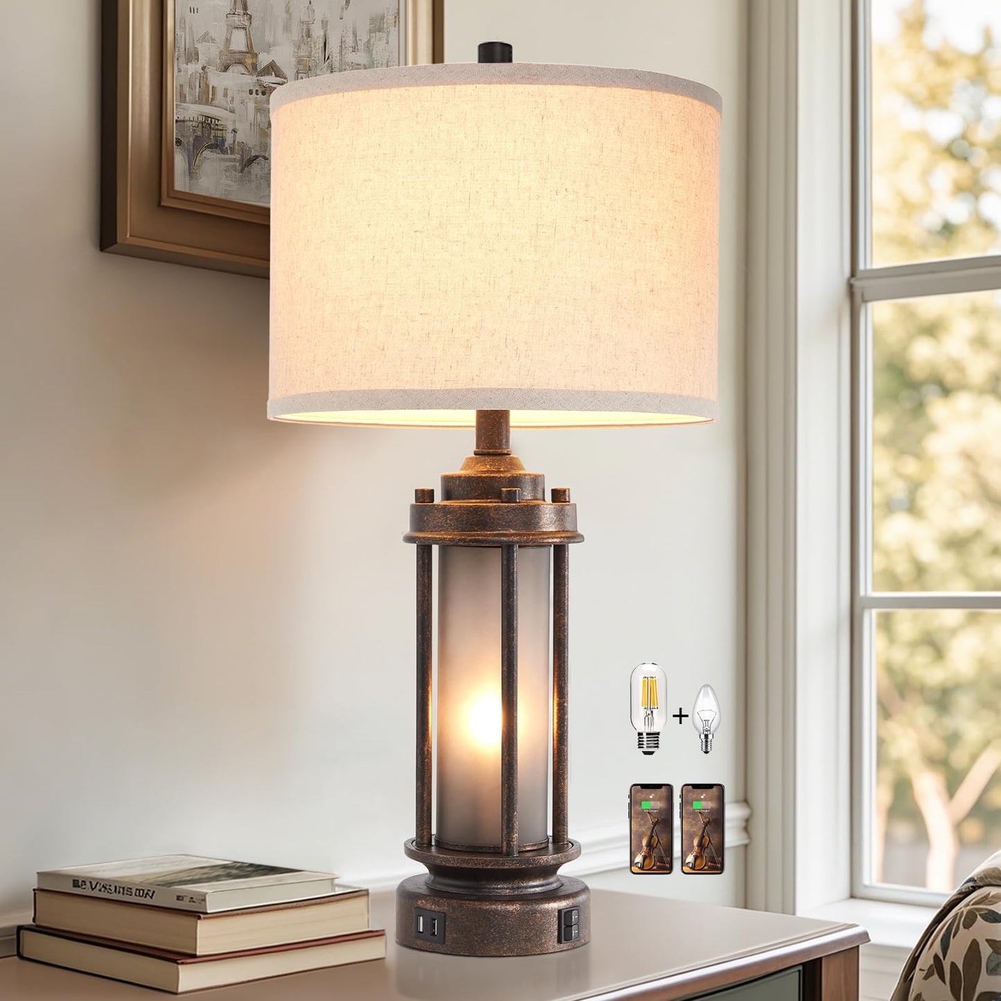 AIEAMPDO 25" Farmhouse Lamps for Living Room with 2 USB C+A Ports