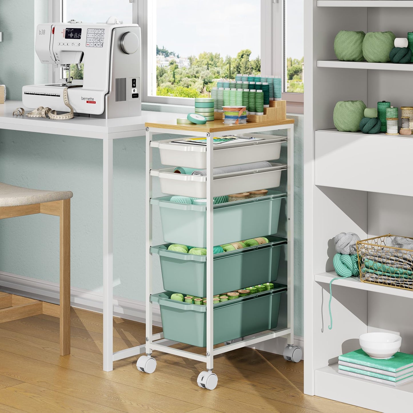 Rolling Storage Cart with 5 Drawers, Craft Organizer, Wooden Tabletop Utility Cart for Bedroom, Children's Room and Office Organization, Table Side Trolley with Lockable Wheels, Green