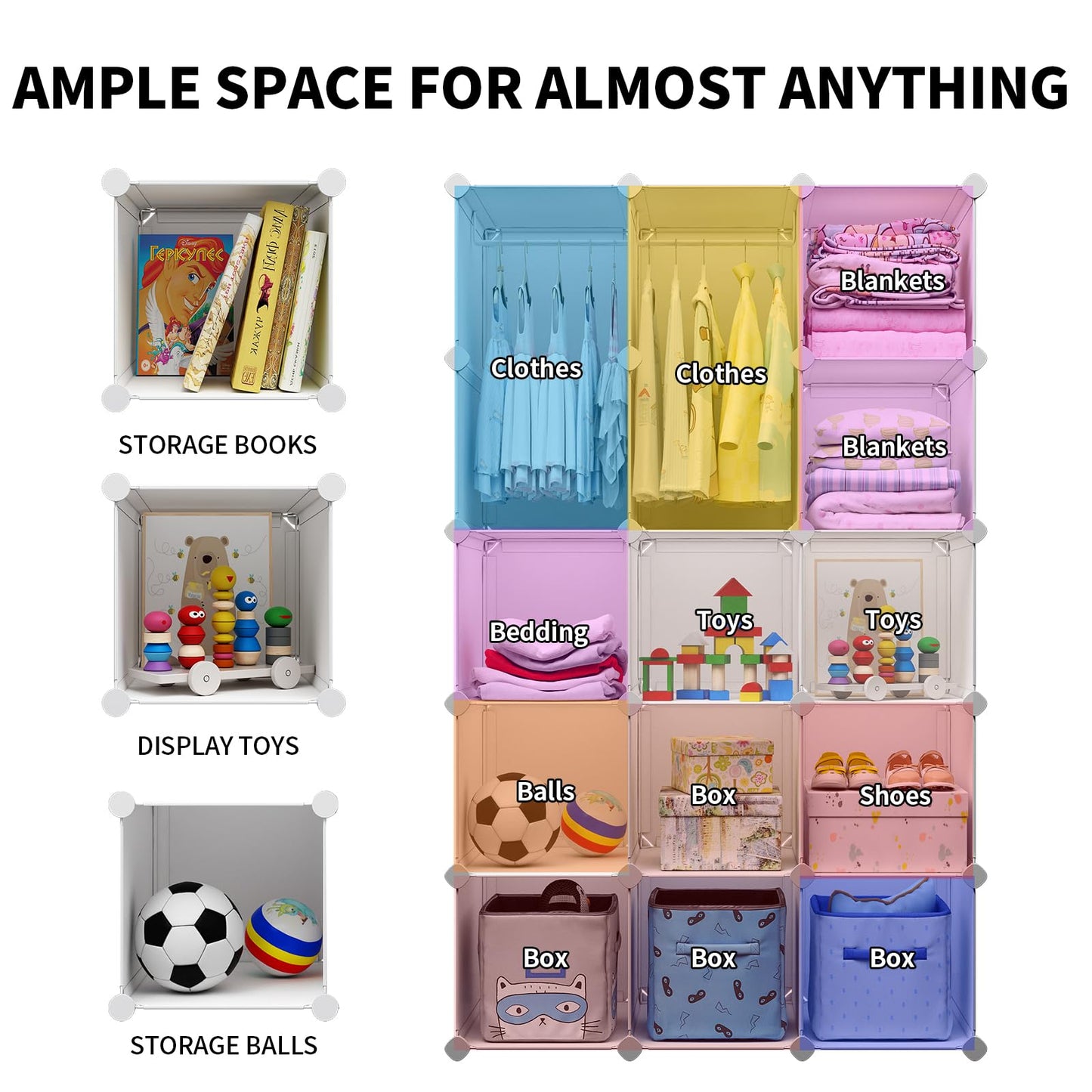 deijiner Modular Baby Wardrobe Closet, Portable Children Organizers and Storage for Nursery,15 Cubes with Hanging Rods,Multi-Functional Kids Storage Shelf-Bedroom Clothes Armoire (Boys & Girls)