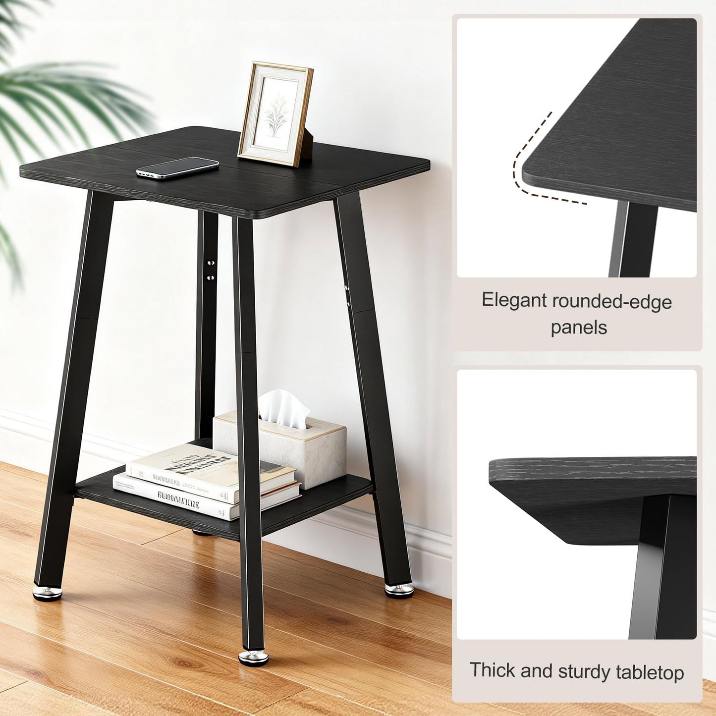 King Oasis 2-Tier Small Side Table for Living Room, End Table with Storage Shelf, Wood & Metal Bedside Table Nightstand for Small Spaces, Sturdy Sofa Side Table for Bedroom, Matte Black 2pcs