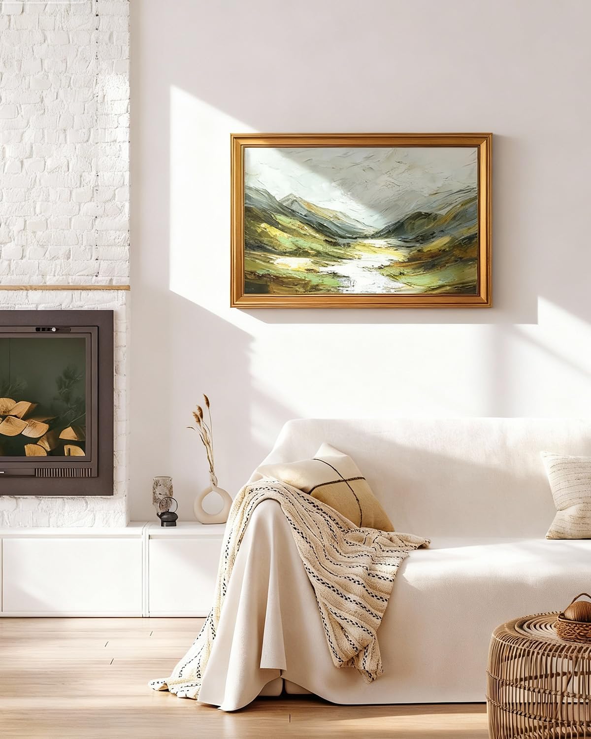 ARPEOTCY Gold Framed Large Canvas Prints Wall Art,3D Textured Landscape,16x24 Inch Green Mountain Artwork for Living Room,Classic Nature Oil Painting Print,Rustic Country Style Home Decor