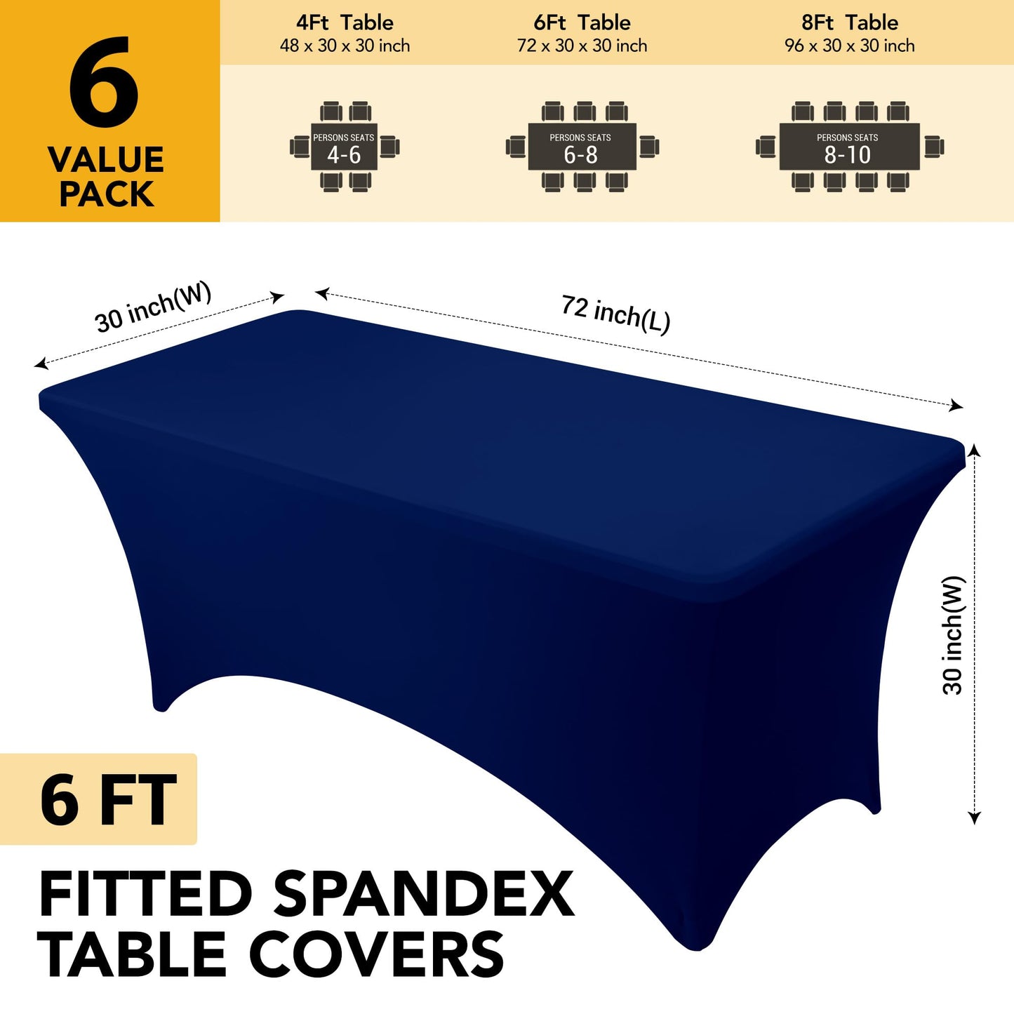 Dailyset 6-Pack Premium Navy Blue Spandex Tablecloths for 6ft Rectangle Tables, Stain & Wrinkle-Resistant, Washable Stretch Polyester Fitted Table Cover for Weddings, Banquets, Trade Shows Events