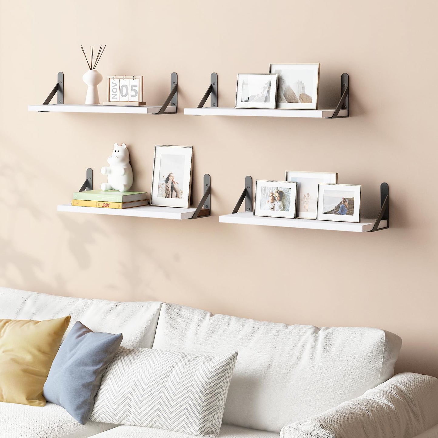 YGEOMER 16.5 Inch Floating Shelves for Wall, Farmhouse Wall Shelves for Bedroom, Bathroom Storage, Living Room and Kitchen Decor (Set of 6 White)