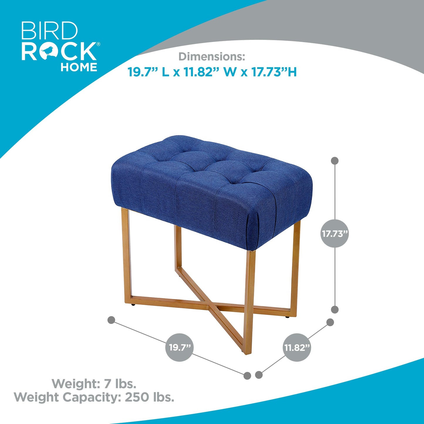 BIRDROCK HOME Rectangle Tufted Linen Ottoman Foot Rest - 19.7x11.82x17.73” Small Foot Stool with Legs - Padded Footrest Modern Ottomans for Living Room Furniture, Bedroom Footstool (Blue)