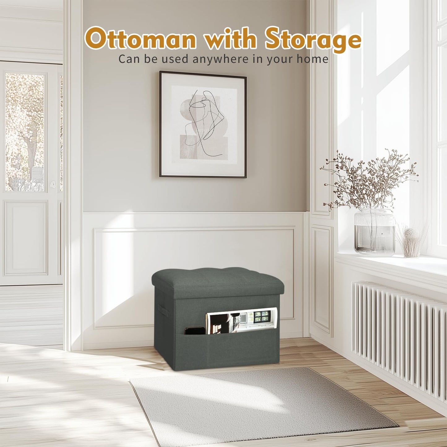 BelugaHelper Small Ottoman with Storage, Foldable Ottoman Foot Rest Stool with Thicker Foam Padded Seat. Linen Storage Bench for Bedroom Living Room, Holds Up to 300 lbs, 17x13x13IN(Black Green)