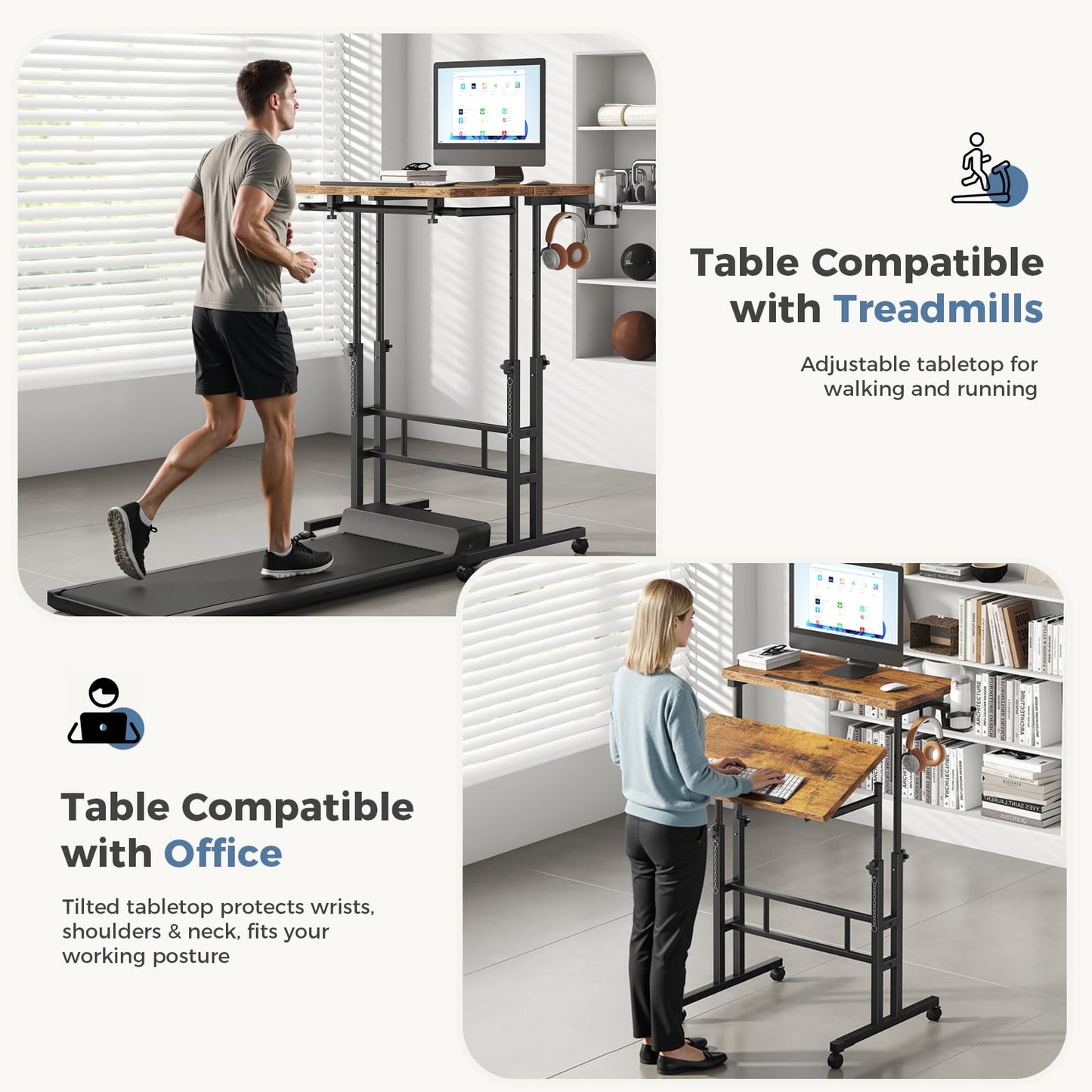 DUMOS Split Top Rolling Standing Desk 23.6 Inch Mobile Laptop Workstation Manual Height Adjustable Sit Stand Office Table Walking Pad Study Surface Portable Home Office Computer Cart Rustic Brown