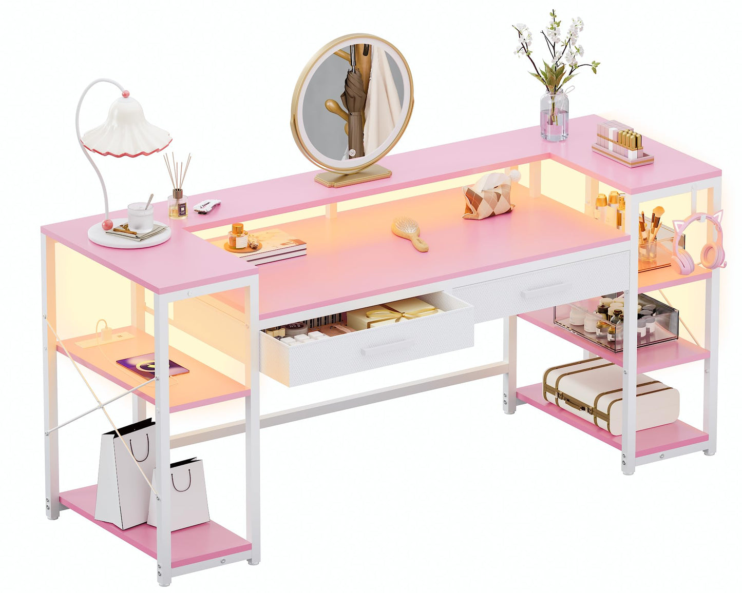 Pamray 58 Inch Computer Desk with Monitor Stand and Shelves Gaming Desk with LED Lights & Power Outlets PC Vanity Table with 2 Drawers for Home Office Pink