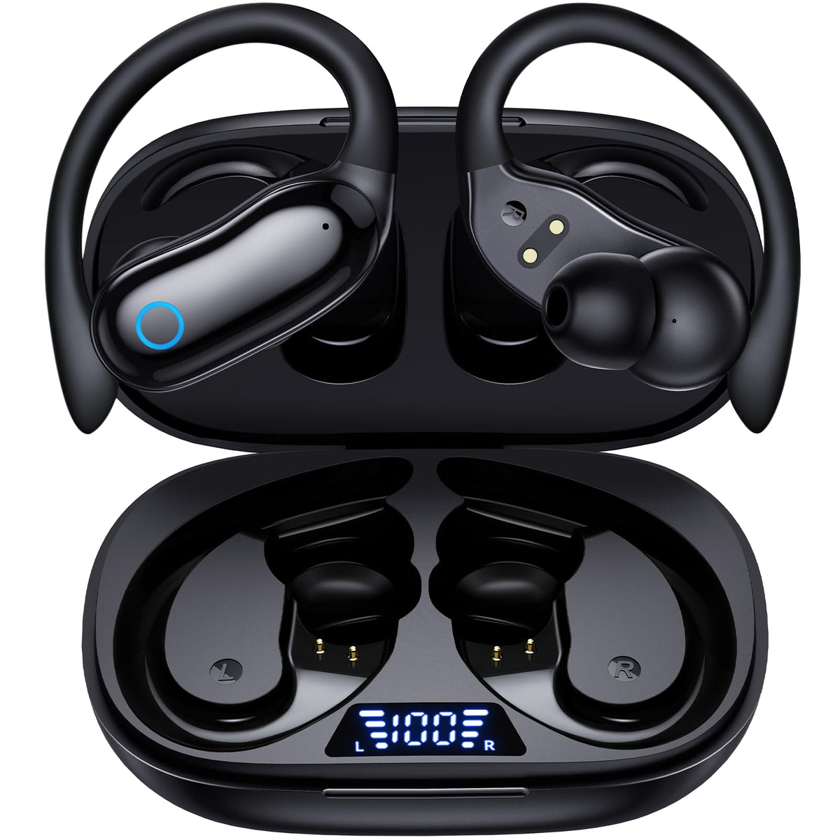 GNMN Active Noise Cancelling Ear Buds Wireless Earbuds 96hrs Playback Bluetooth Headphones Dual Battery Display Stereo Bass Earphones with Earhooks Microphone IPX7 Waterproof for Sports/Runing/Workout
