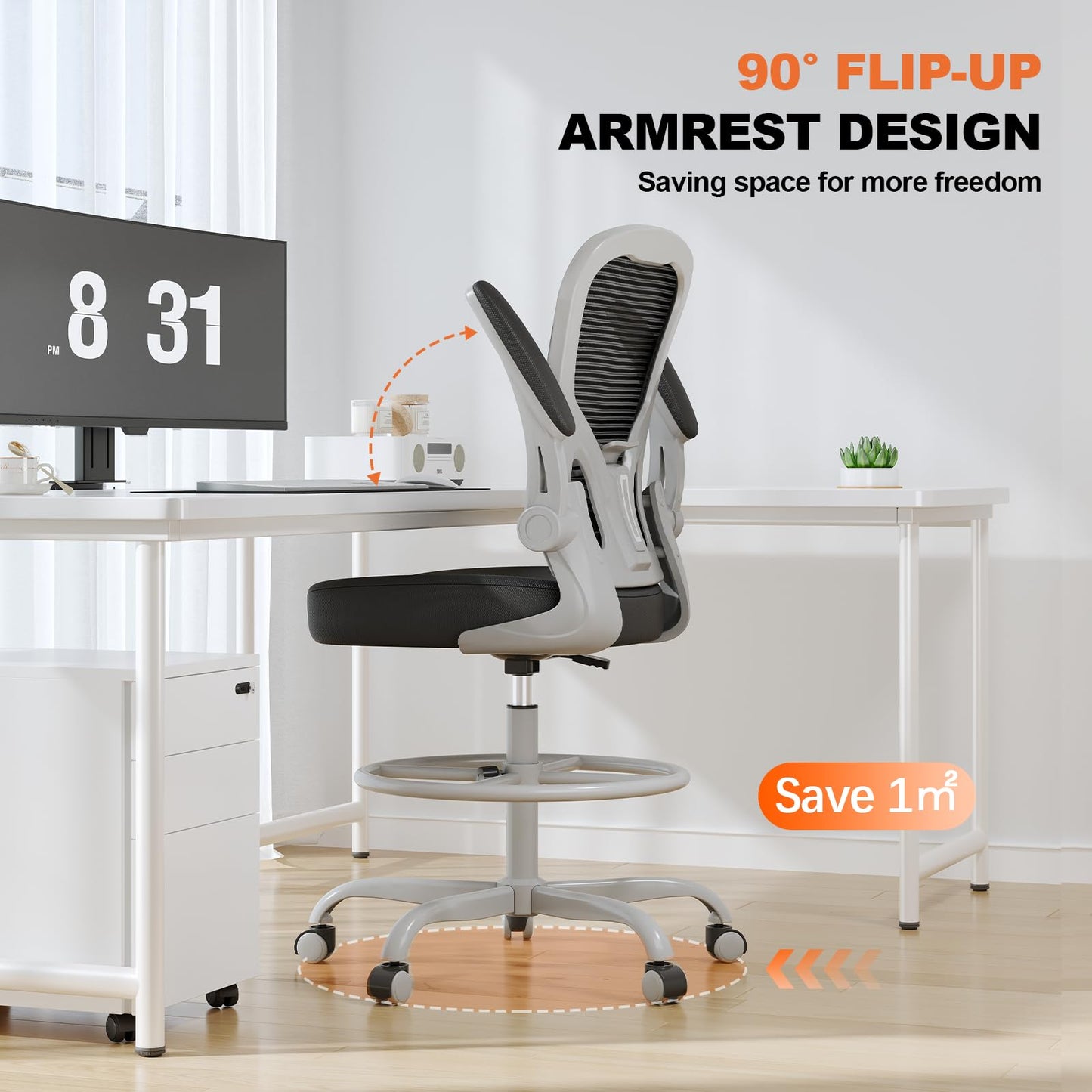 Synorla Ergonomic Drafting Chair, Tall Mesh Office Chair with Flip-up Armrests, Lumbar Support Adjustable Footrest Ring for Standing Desk Gray Pink