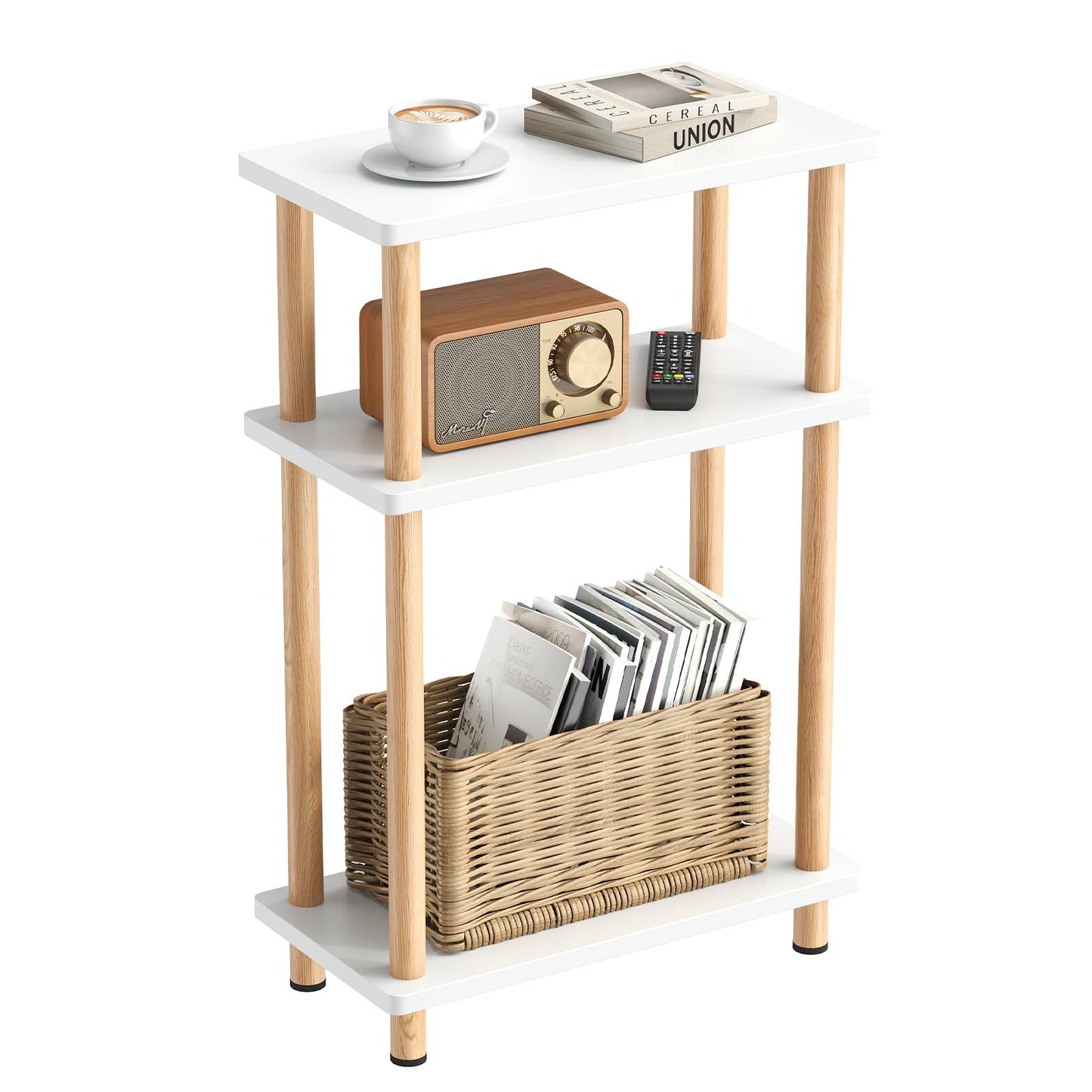 Apicizon 3 Tier End Table, Narrow Side Table with Storage Shelf, Bedroom, Living Room, Entryway, Farmhouse, White and Natural