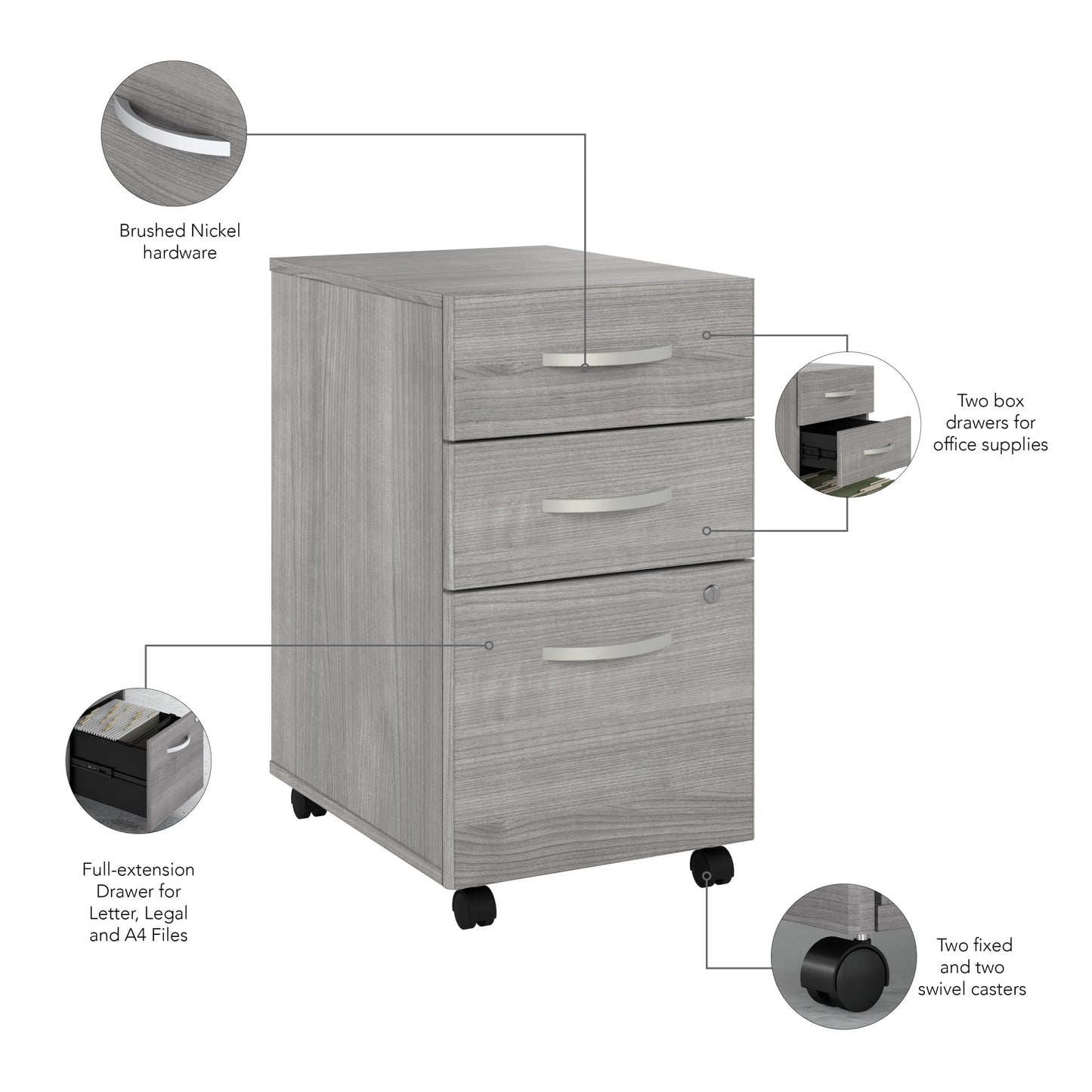 Bush Business Furniture Studio C 3 Drawer Mobile File Cabinet in Platinum Gray | Assembled Office Storage Unit for Home or Commercial Spaces