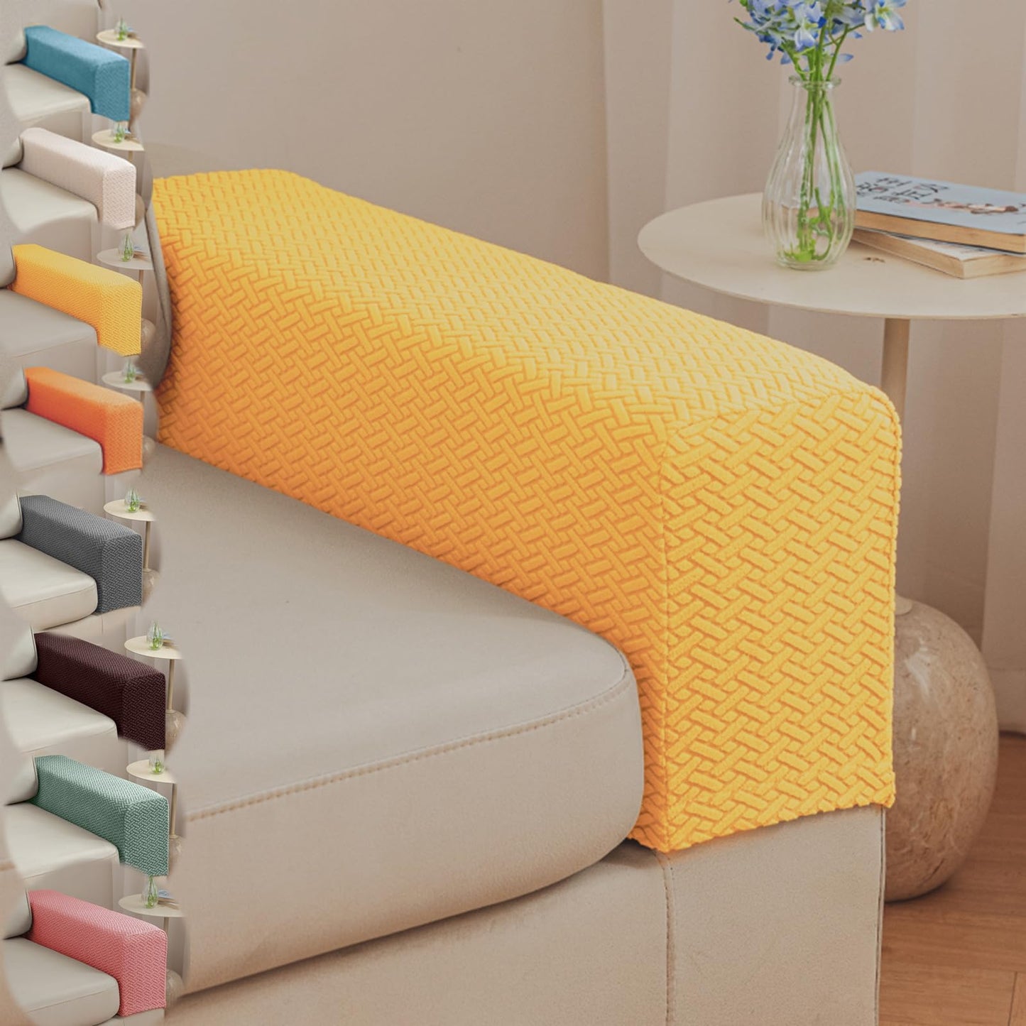 Couch Arm Covers & Arm Chair Covers Set of 2 - Stretch Sofa Armrest Protectors with Non-Slip Grip, Machine Washable Polyester Fabric for Recliner/Loveseat/Sectional (Yellow,Medium-Set of 2)