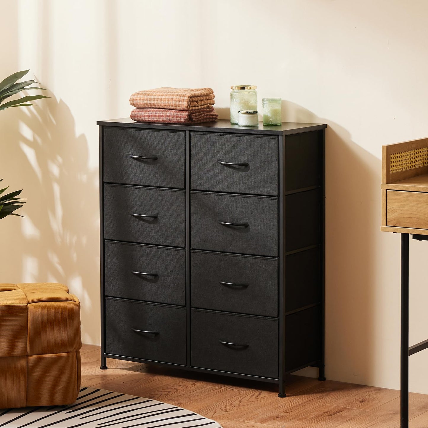Sweetcrispy Dresser, Dresser for Bedroom Organizer Storage, Fabric Storage Tower with 8 Drawers, Chest of Drawers with Steel Frame, Wood Top for Living Room, Closet, Black