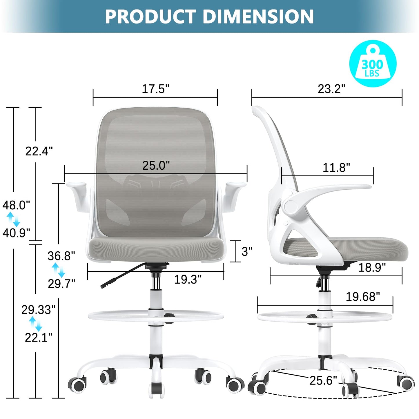 Kensaker Drafting Chair Tall Office Chair, Ergonomic Standing Desk Chair with Adjustable Foot Ring and Flip-up Armrests, Mesh Computer Chair for Art Studio, 300 LBS, Gray