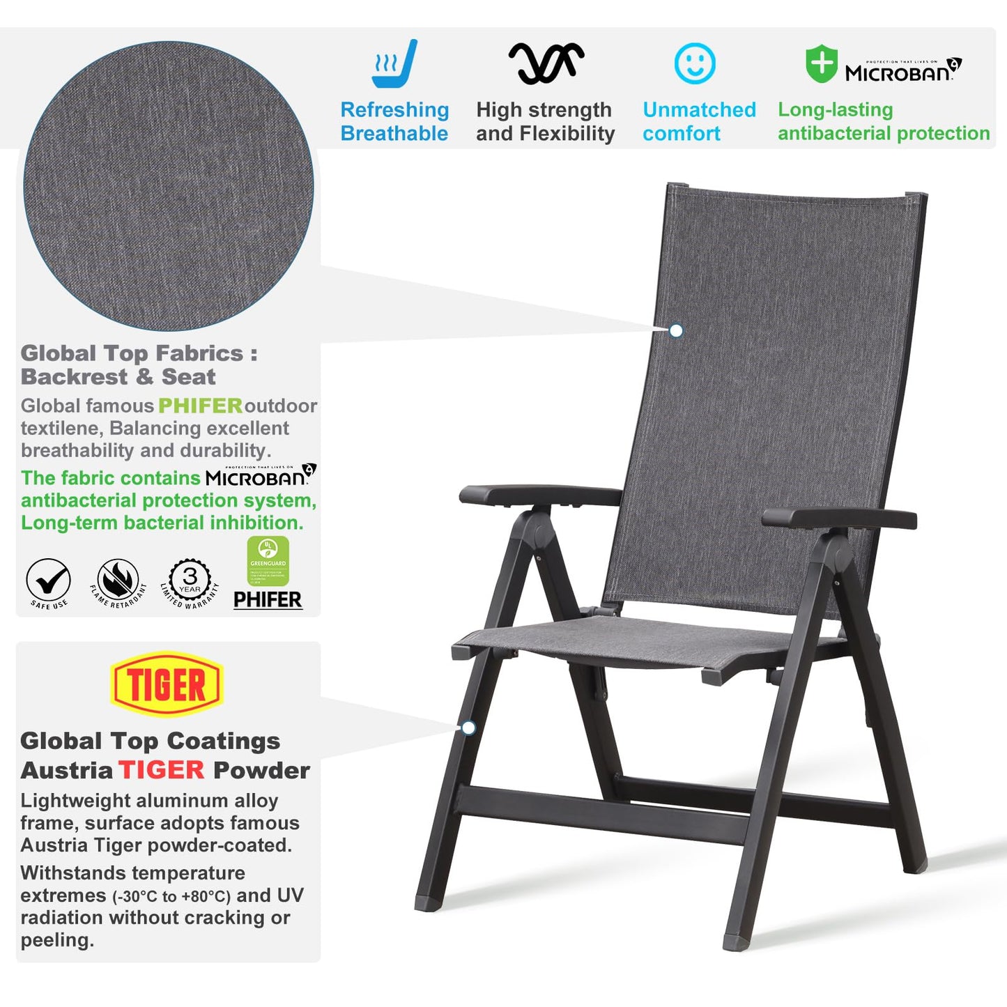 Sunairsz Folding Chair, Indoor & Outdoor Balcony, Patio Porch, Garden Lawn, Pool, for Comfortable Black Foldable Chairs, Portable Cozy Recliner, Metal Frame, Heavy Duty Durable
