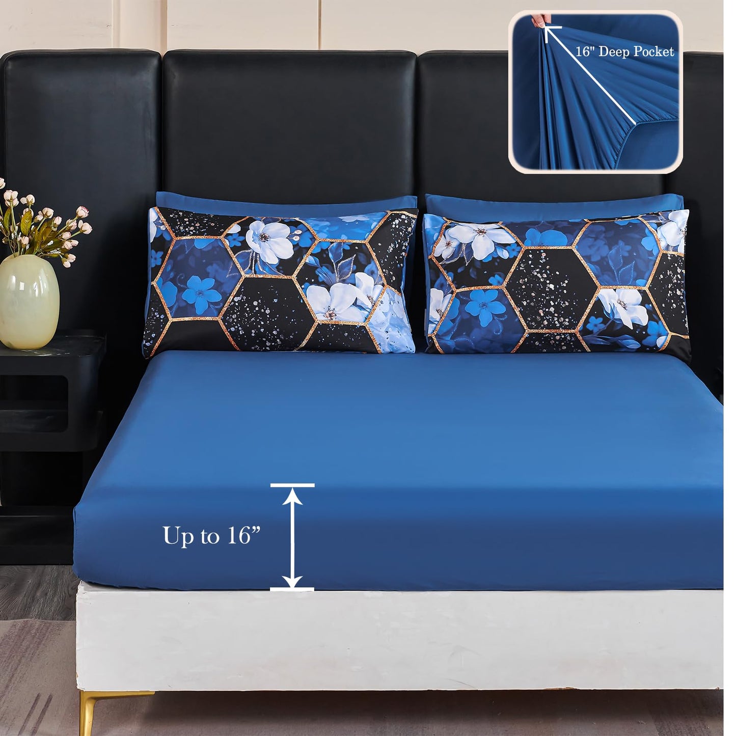 ZRNBAST Queen Comforter Set 7 Pieces Blue Floral Bedding Set, Geometric Bed in A Bag with Sheets and Pillowcases, Soft Microfiber Complete Bedding Sets for All Season(Blue Floral,Queen)