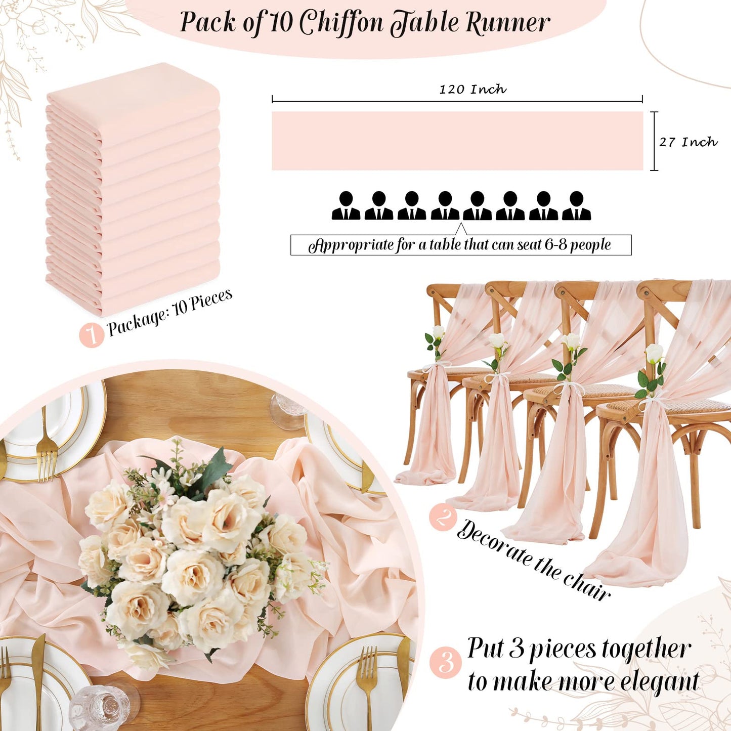 Chiffon Table Runner Light Peach 27x120 Inches 10 Pieces Sheer Fabric 10ft Table Runners for Outdoor Wedding Party Decor