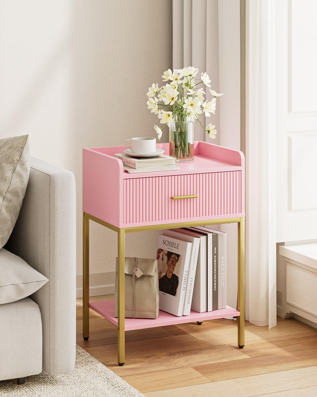 Apetaccat Nightstand, 3-Tier Bed Side Table, Small End Table, Night Stand with Open Shelf and Drawer, Bedside Table for Bedroom, Living Room, Pink