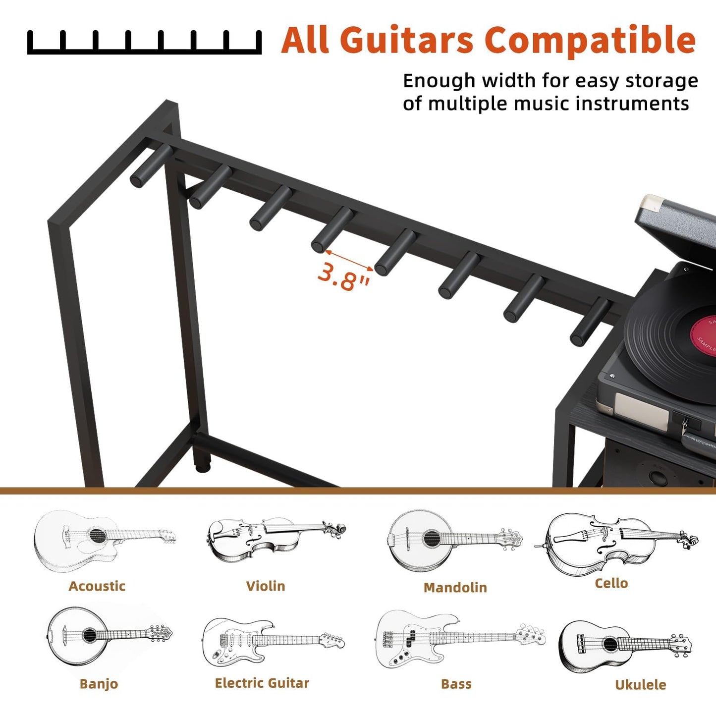 ZHNSYDN Guitar Stand with Record Player Stand, Guitar Rack with Record Player Table, Guitar Holder 7 Space for Multiple Guitars, Bass, Acoustic, Guitar Display for Home Music Studio, Black