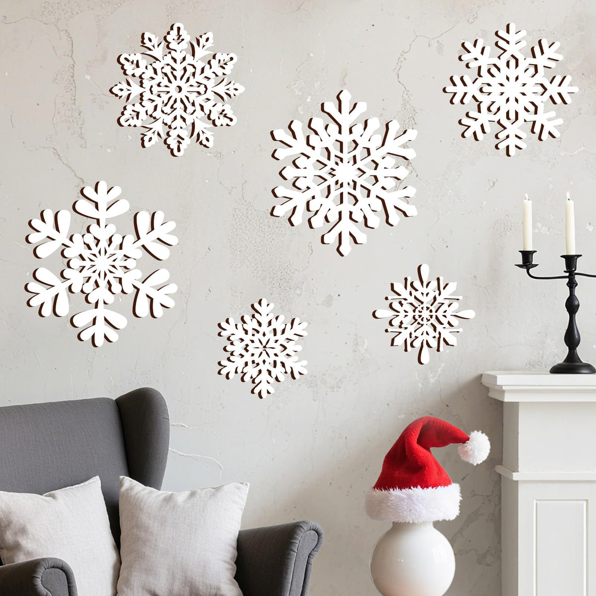 Whaline 6 Pcs Christmas Snowflake Wooden Wall Decor White Snowflake Shaped Wood Wall Art Sign with Hook for Home Farmhouse Xmas Winter Hanging Ornament