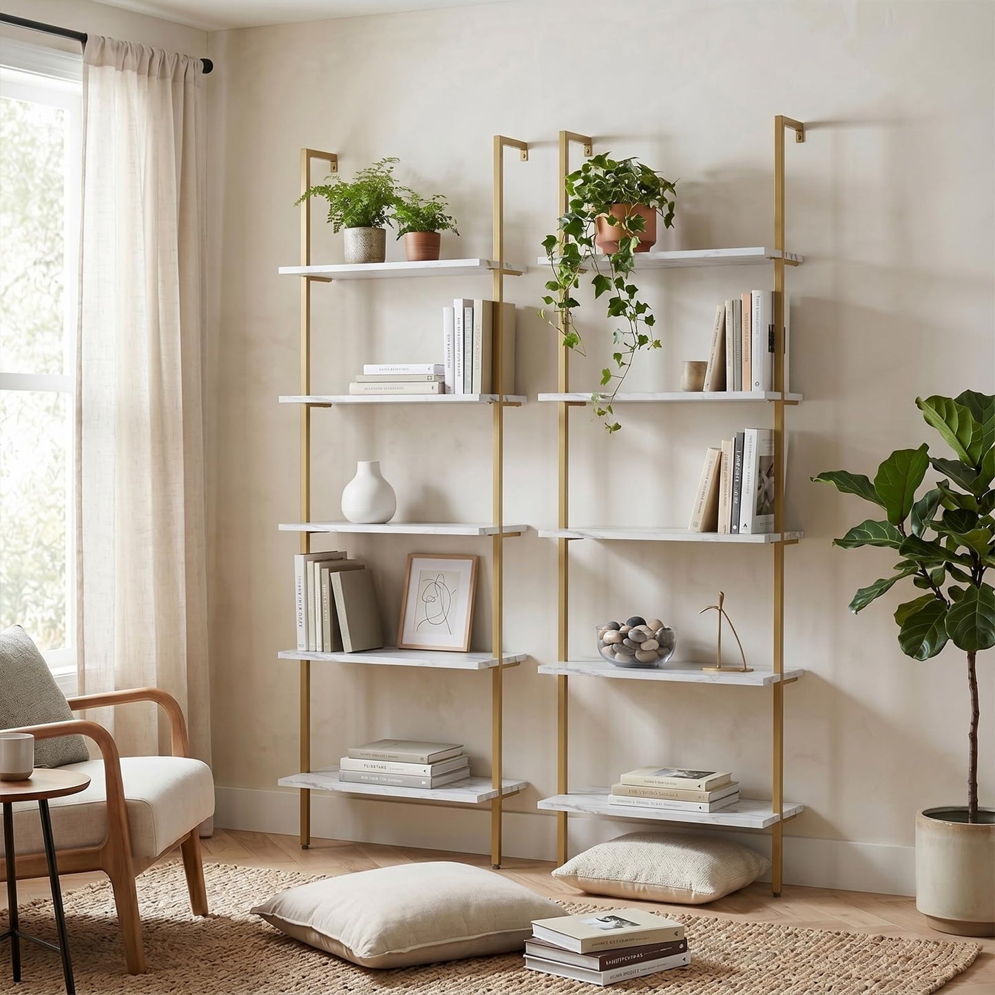 aboxoo Ladder Shelf White Marble Bookshelf 5-Tier Wall-Mounted Wood Rack Industrial Modern Plant Flower Stand Utility Organizer Open Bookcase Metal Frame Furniture Office Kitchen Bedroom