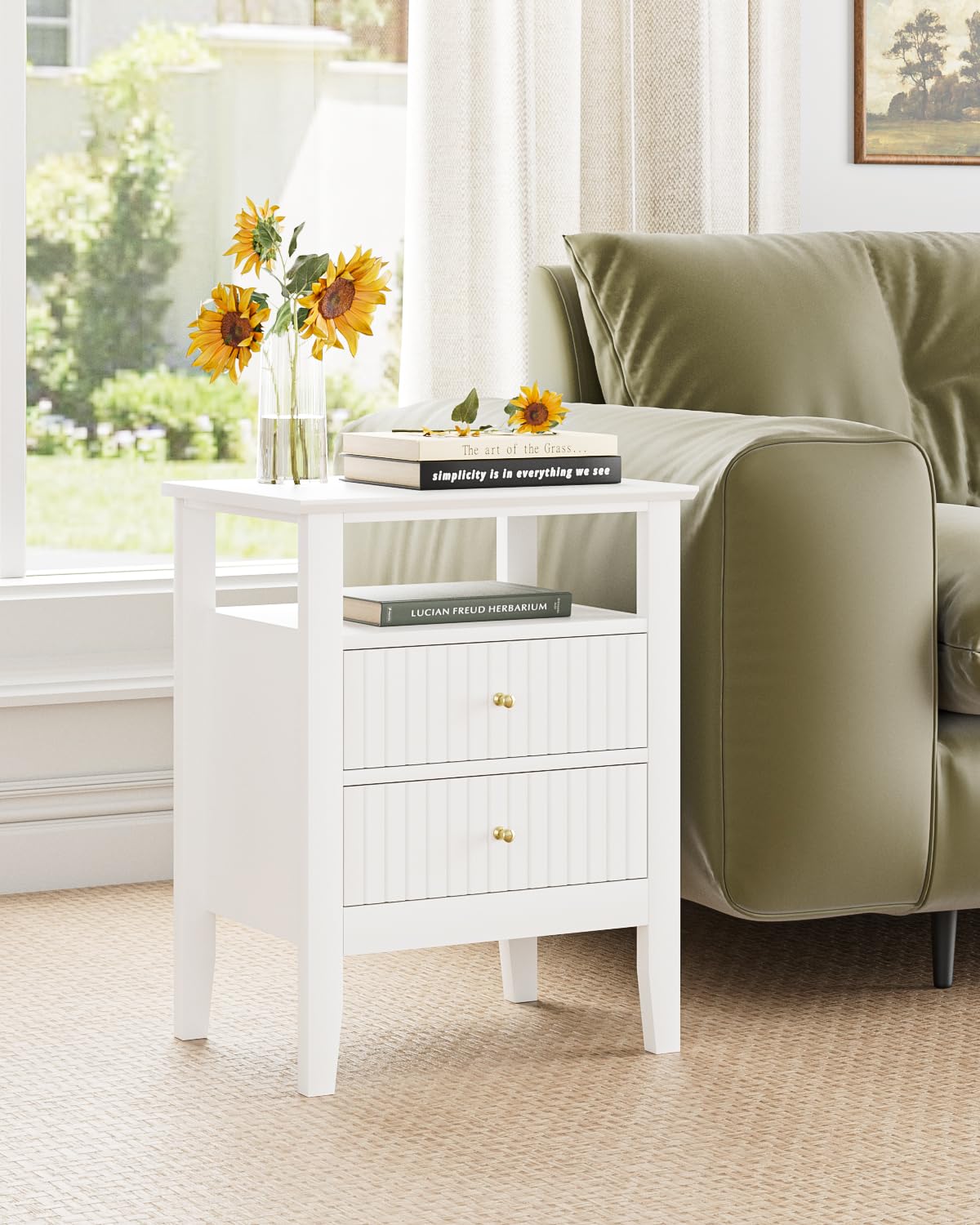 Apetaccat Fluted Nightstand, Farmhouse Night Stand with 2 Drawers, Mid Century Modern Side Accent Table,Bedside End Table for Bedroom, Living Room, White