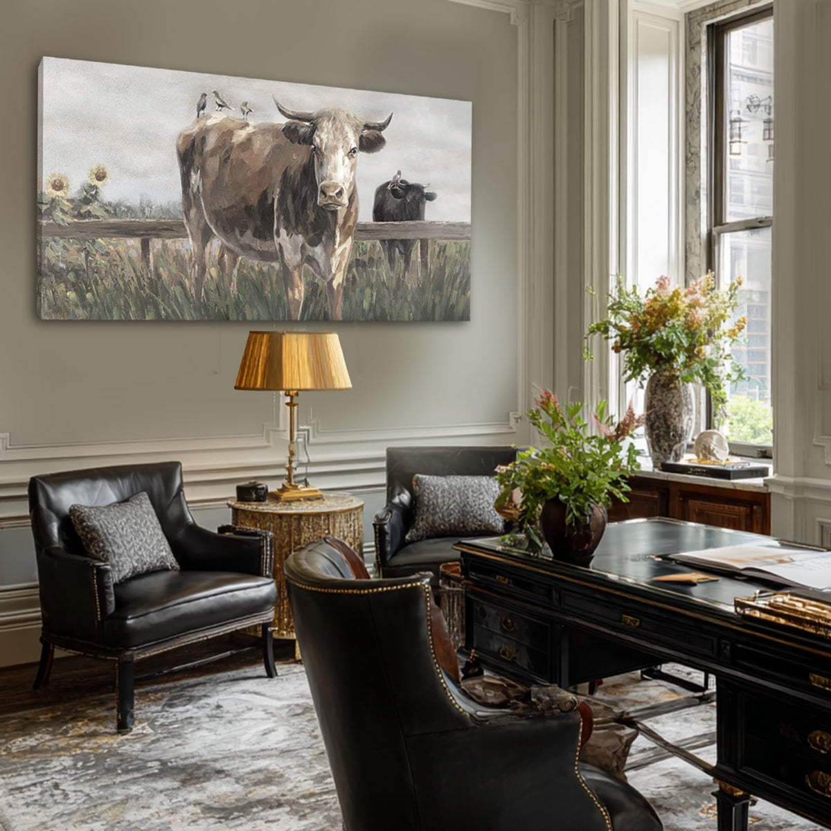 Visual Art Decor Cow Decor black and brow Canvas Print Animal Artwork for livingroom,bedroom,office 40x20 inches