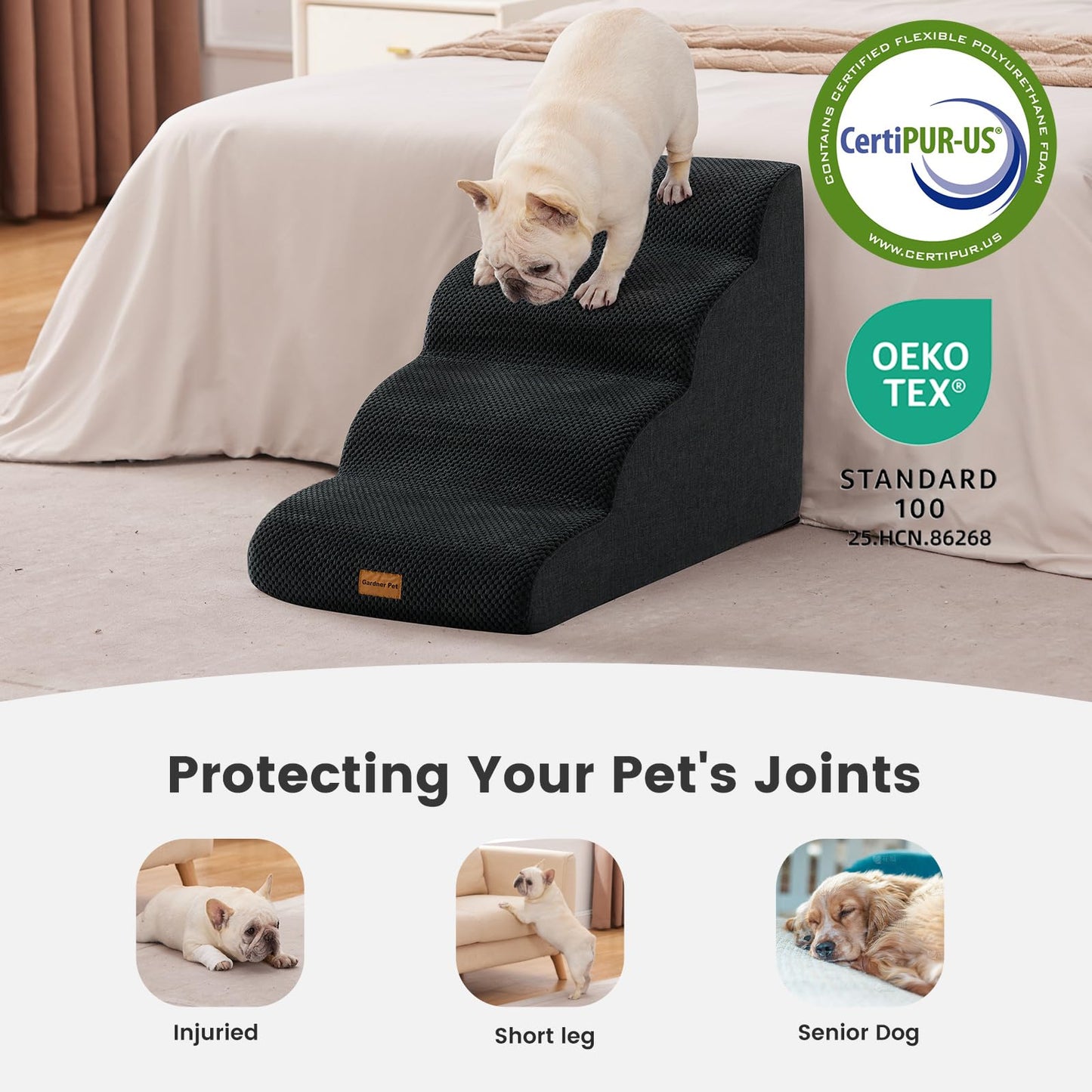 Gardner Pet Dog Stairs for Small Dogs 19.7" H, 4-Step Black Curved Pet Stairs, Dog Steps for High Bed (18-24 in), Couch with Durable Non-Slip Waterproof Fabric Cover and CertiPUR-US Certified Foam