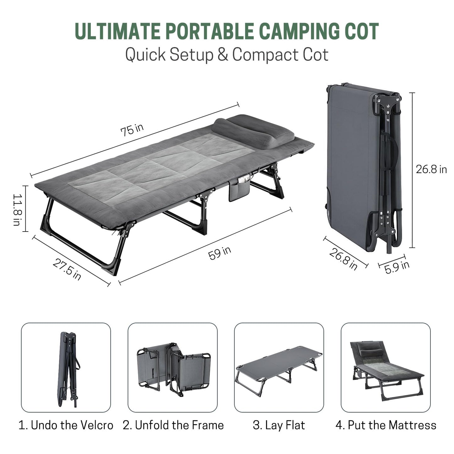 Mopaicot Folding Camping Cot for Adults, Adjustable 4-Position Reclining Chair with Mattress and Pillow, Lounge Chair Camp Cots Bed for Sleeping, Travel, Garden, Pool, or Office Nap (Gray)