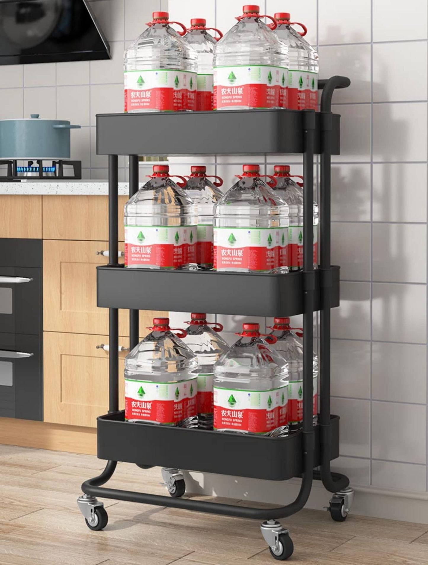 Sooyee 3 Tier Utility Cart,Rolling Cart with Handle and Lockable Wheels, Multi-Functional Storage Cart for Office, School,Living Room, Kitchen, Bathroom, Bedroom,Laundry,Black