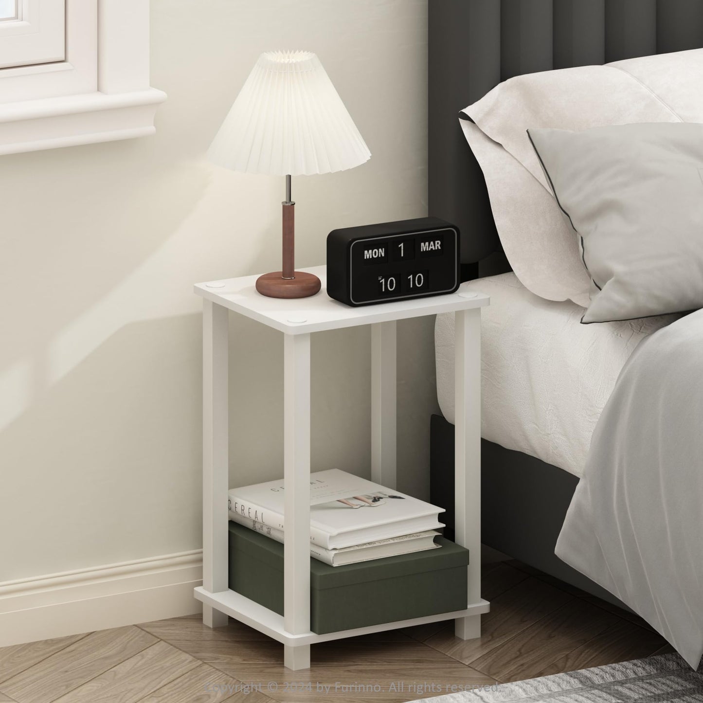 Furinno Simplistic Night Stand, 2-Tier Small Nightstand with Open Shelf, Toolless Assembly Bedside Table, End Table, Side Table, for Bedroom, Closet, Dorm, White