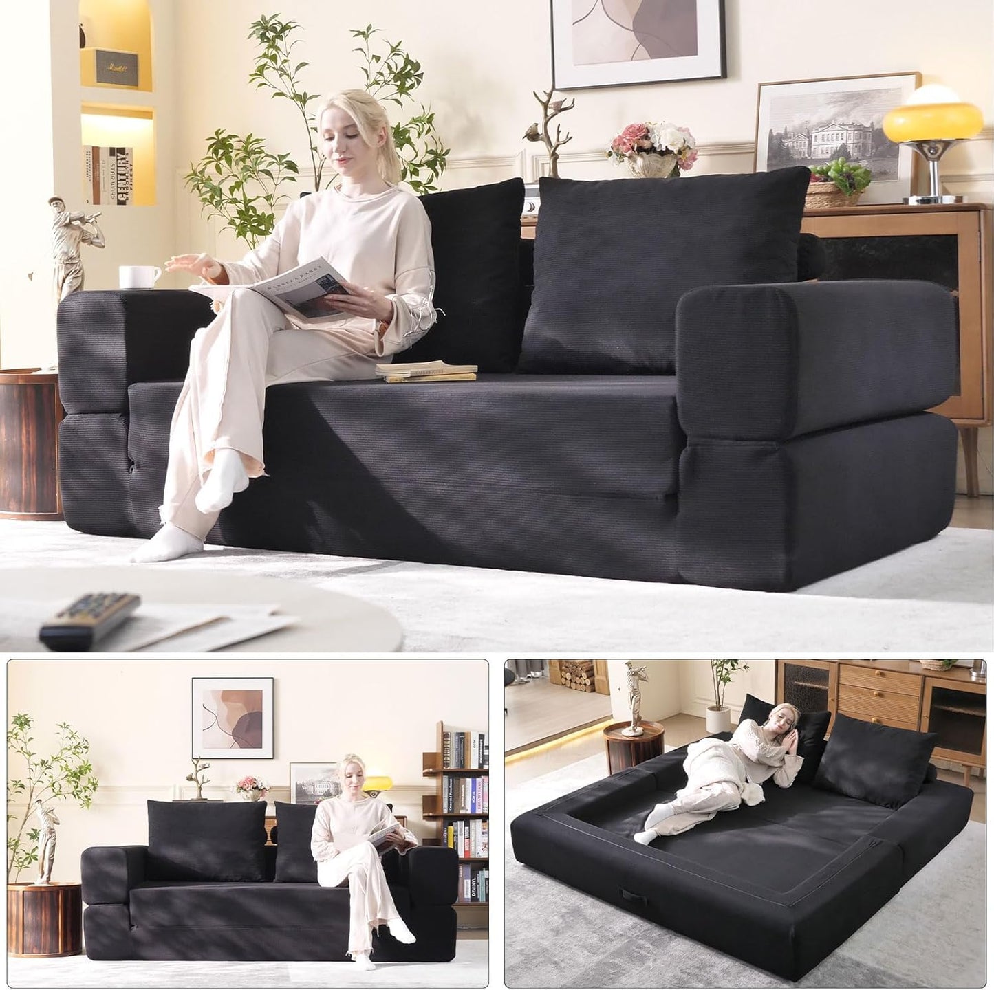 WHGBJA 79'' Convertible Sleeper Sofa Bed, 3-in-1 Foldable Floor Couch with Corduroy Upholstery, No Assembly Loveseat, Light Brown Lounge Mattress for Living Room, Studio, Guest Room (Black)