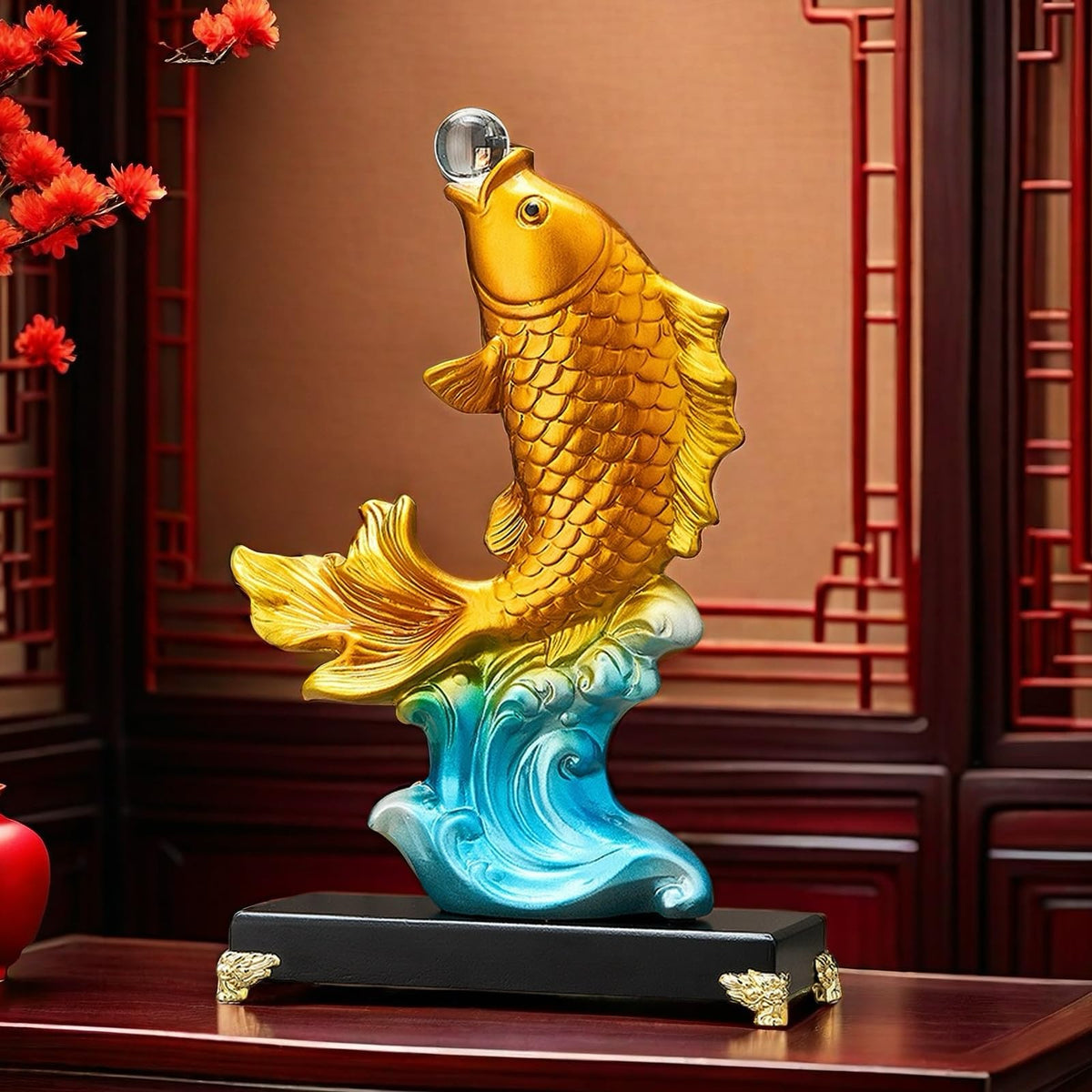 FUNSXBUG 13.3 Inch Large Chinese Feng Shui Fish Statue Sculpture Collectible Figurine Feng Shui Decor Home Office Decoration Tabletop Decor Ornaments Good Lucky Gifts (Gold)