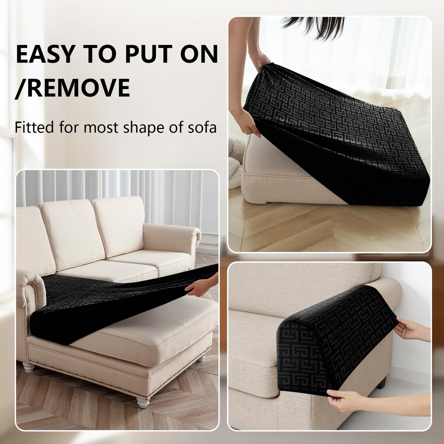 UNBBRRL 10 Pieces Stretch Sofa Cushion Covers for U-Shaped Modular Sectional Couch with 4 Seats+4 Backs+2 Arms, Upholstered Covers for Sofa Bed with Deep Double Chaise (Black,10 Pieces Set)