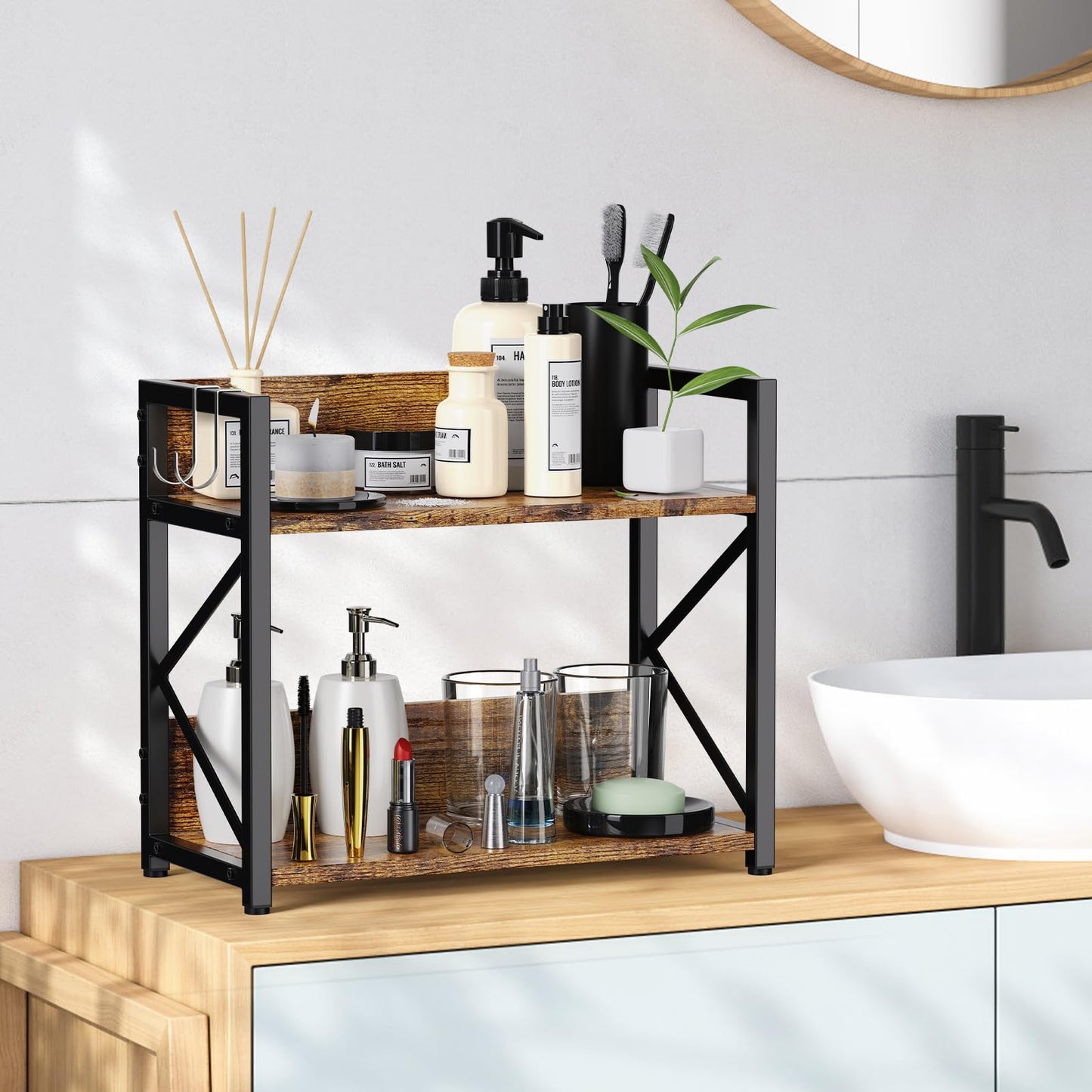 Spice-Rack-Organizer-Shelf for Kitchen Counter, 2 Tiers Coffee Bar Station Organizer for Countertop，Space Saving Desk Shelving Riser Unit (Rustic Brown, Small)
