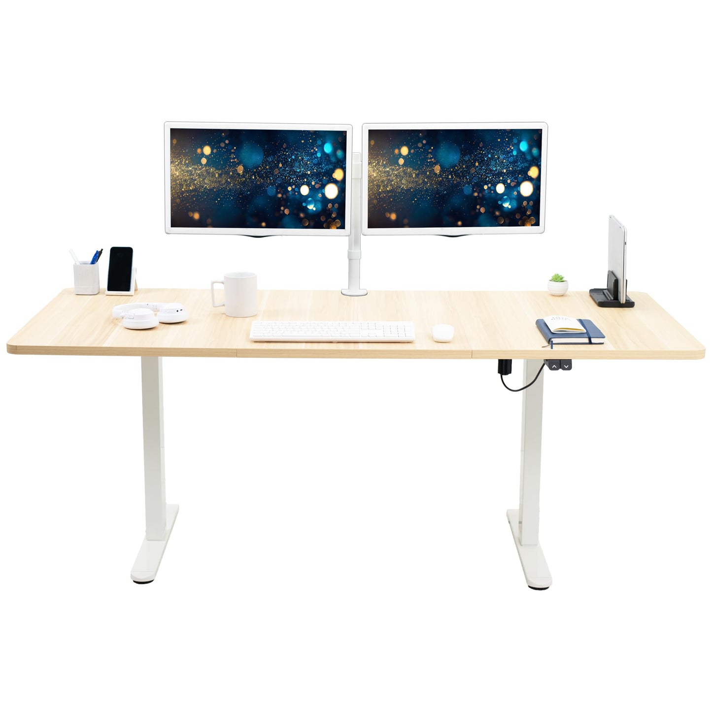 VIVO Electric 71 x 30 inch Stand Up Desk, Height Adjustable, Light Wood Top White Frame, Home and Office Furniture Sets, DESK-KIT-0W7C