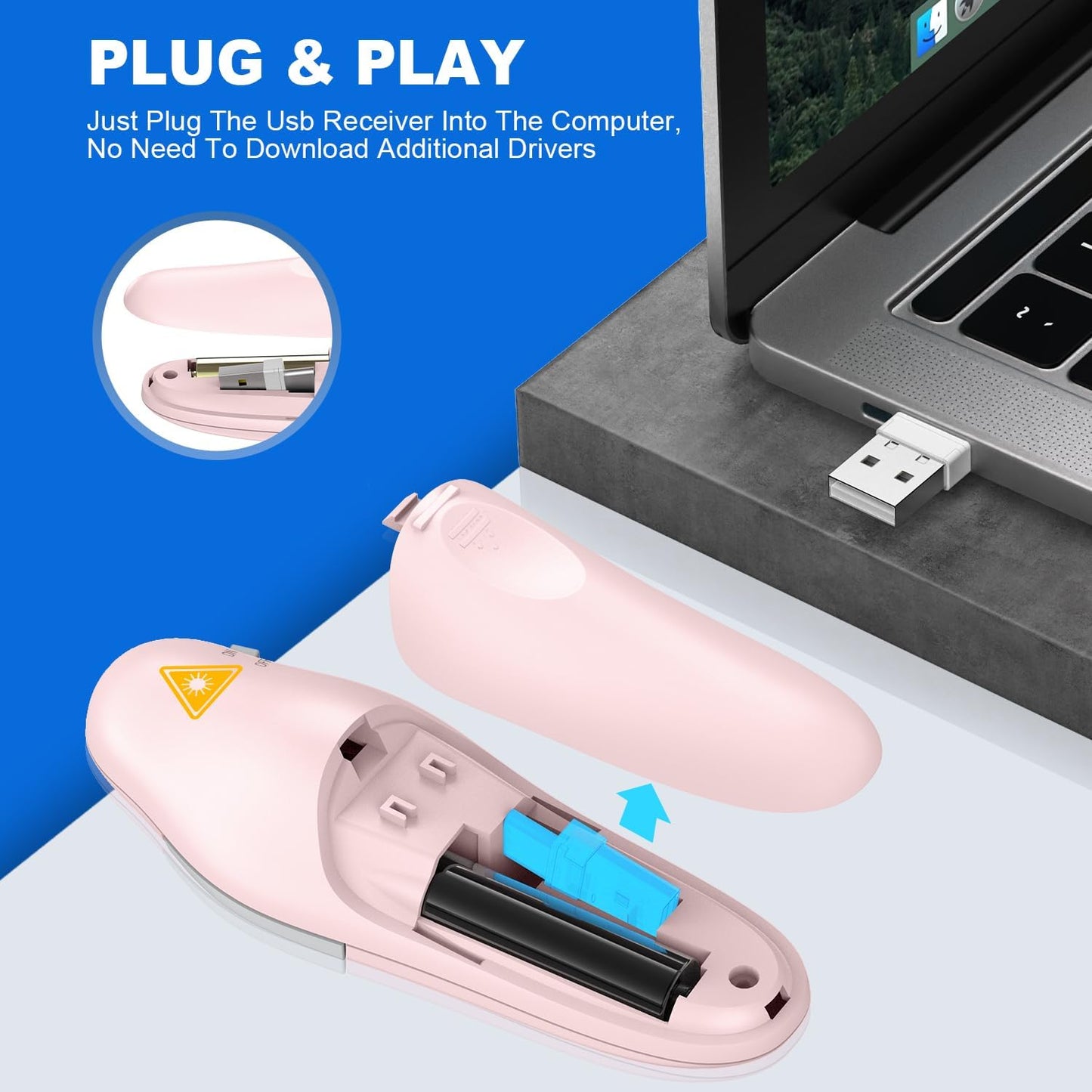 QUI Presentation Clicker Wireless Presenter Remote Clicker for PowerPoint Presentation Remote, PowerPoint Slide Advancer for Mac/Windows/Google Slide/Keynote, Pink, A-C