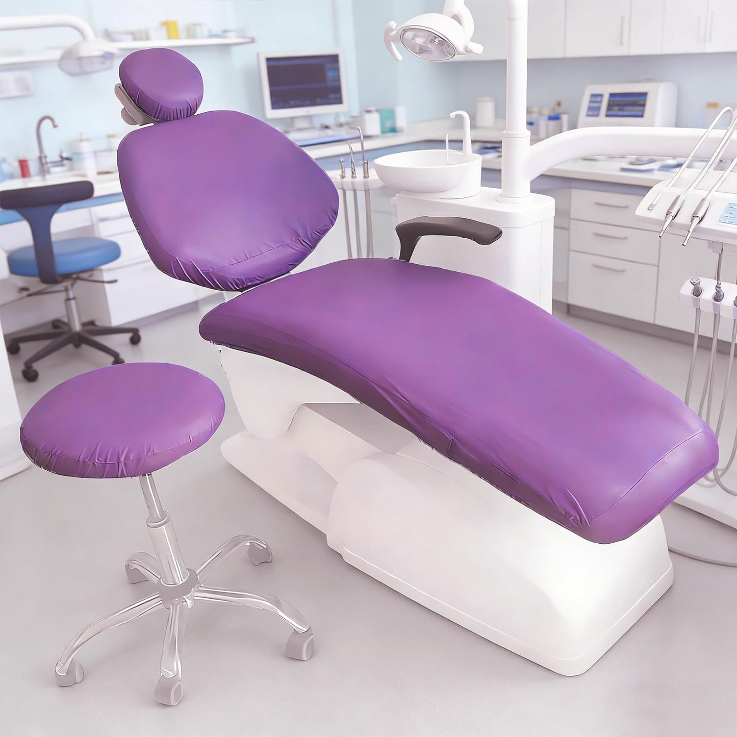 buyzg 5Pcs Dental Chair Covers Set - Waterproof & Non-Slip PU Leather Elastic Full Covers with Foot, Seat, Headrest & Backrest Protectors for Dental Clinic Chairs(Purple)