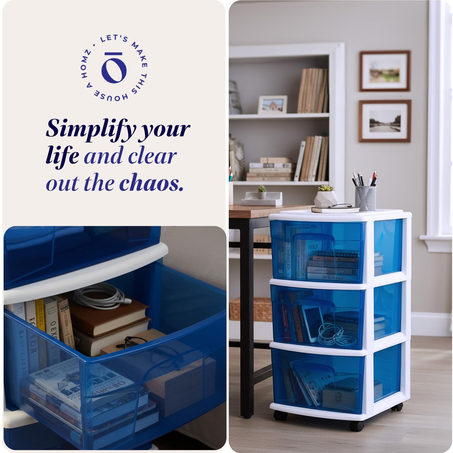 HOMZ Drawer Tower, 3-Tier Clear Blue Plastic Storage Organizer Cart, White Frame - Rolling Drawer Containers with Wheels for Bathroom, Bedroom, Office, and Classroom Organization