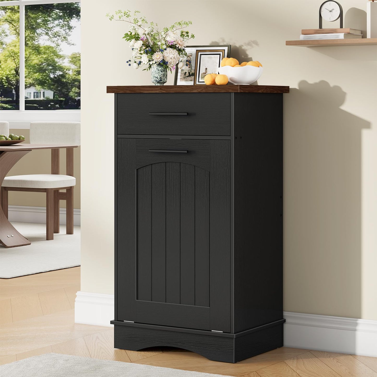 HOOBRO 10 Gallon Tilt Out Trash Cabinet, Kitchen Trash Can, Trash Bin Storage, with Flip Door and Large Drawer, Hidden Laundry Hamper Cabinet, for Kitchen, Laundry, Black and Walnut BH02LJ01