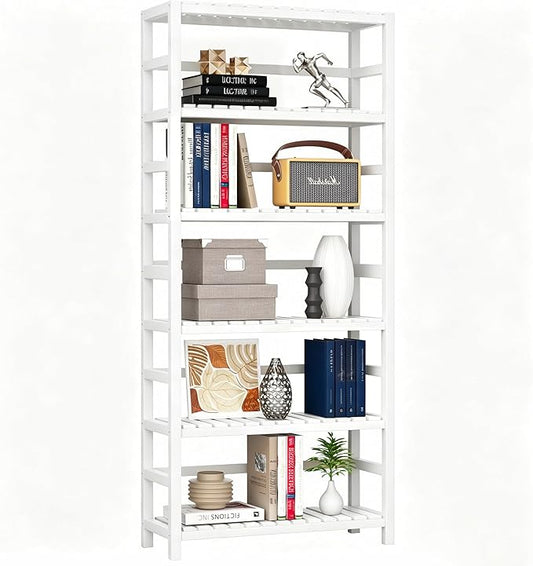 VASMIA 6-Tier Bamboo Shelf, Bamboo Storage Shelving Unit, Tall Bookcase