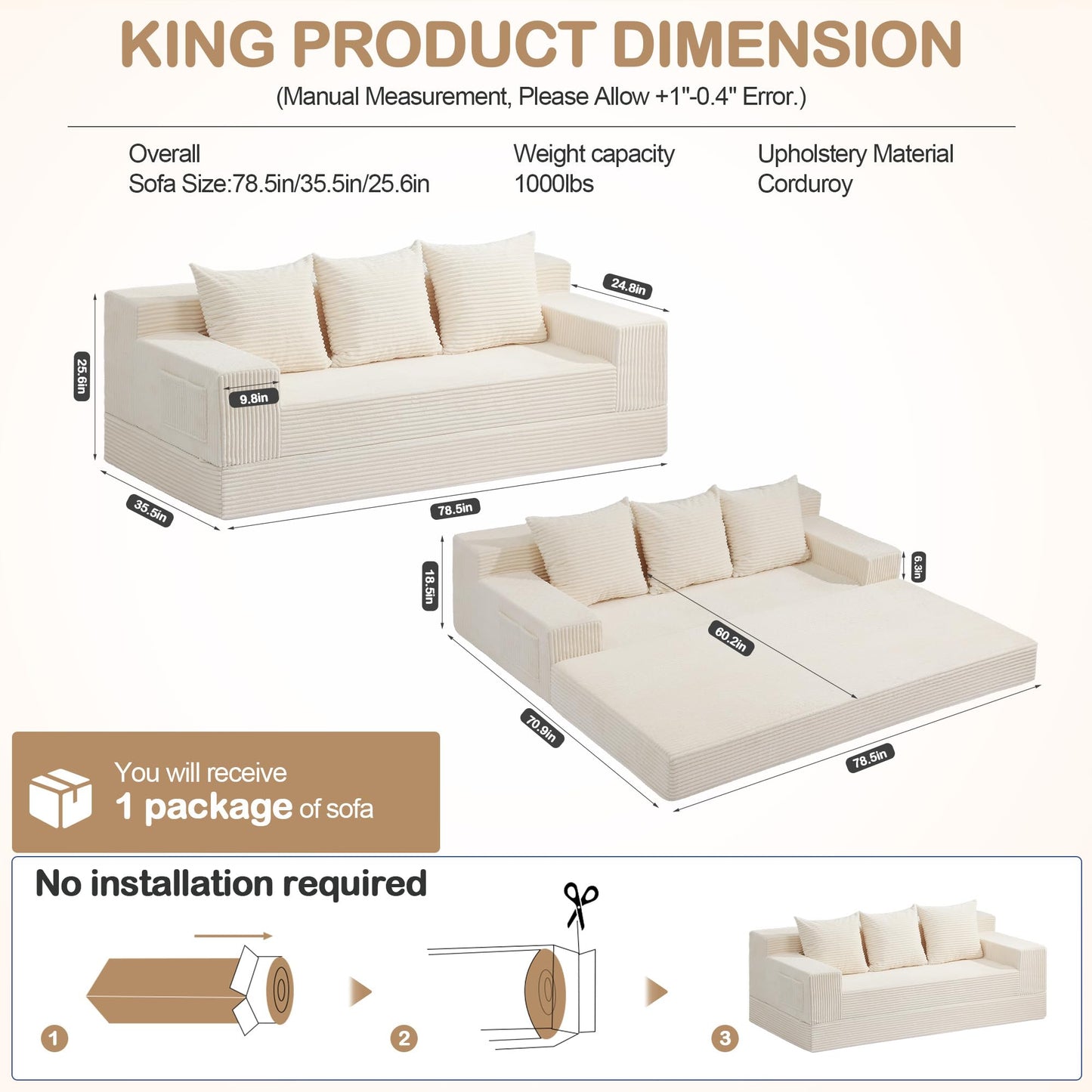 feliz home 78.5” Convertible Sofa Bed,Corduroy 3 Seater Boneless Couch Bed Futon,Fold Out Couch with 3 Pillows,Loveseat Sleeper with Pull Out Bed for Living Room, Guest,Bedroom,Beige