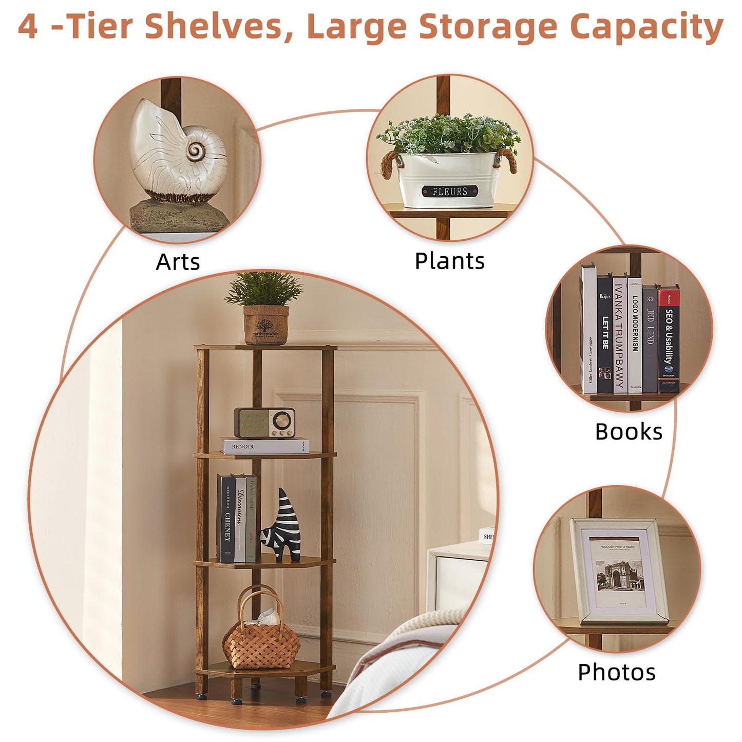 YUFAM 4-Tier Corner Shelf with Sturdy 5-Leg Base, Wooden Corner Bookshelf for Small Spaces, Corner Standing Shelf for Living Room, Bedroom, Office, Brown