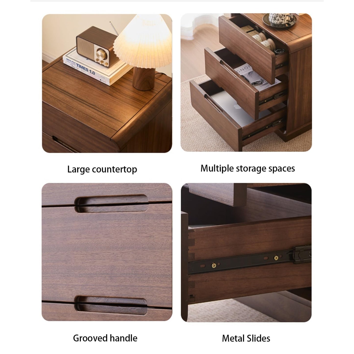 LSIGHTUS Retro Farmhouse Wooden Bedside Table with 3 Drawers, Nightstand with Arc Table Corners, Modern Bed End Table for Bedroom, Living Room, Office, Sofa Side