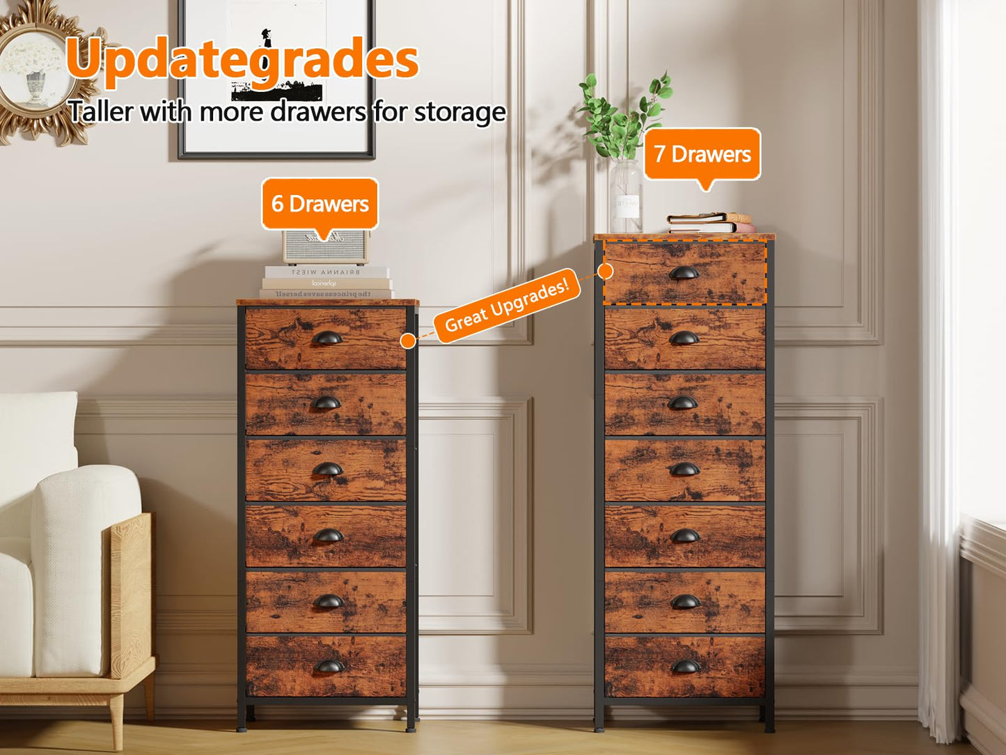 Furnulem Bedroom Dresser with 7 Drawers,Tall Industrial Fabric Chest of Drawers, Vertical Storage Tower Bedside Furniture in Living Room,Closet,Entryway-Sturdy Steel Frame(Rustic Brown)