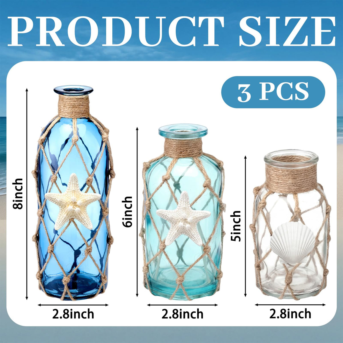 FoldTier Coastal Glass Vases Set of 3 Rustic Beach Vases for Flowers Natural Starfish Shell Jute Rope Sea Glass Bottle Farmhouse Nautical Home Decor for Table Mantel Shelf Living Room Kitchen Bathroom