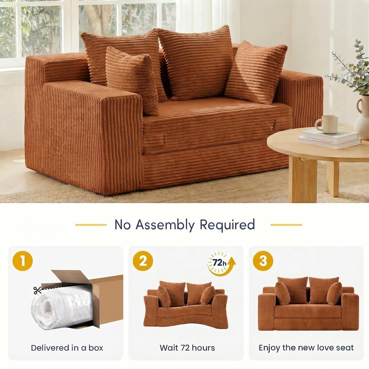 cidludto Convertible Sofa Bed, Boneless Couch 2 in 1 Loveseat Folding Couch Bed Foldable, Chair Bed & Futon Sofa Bed, Small Corduroy Pull Out Sofa with 4 Pillows for Living Room, Orange